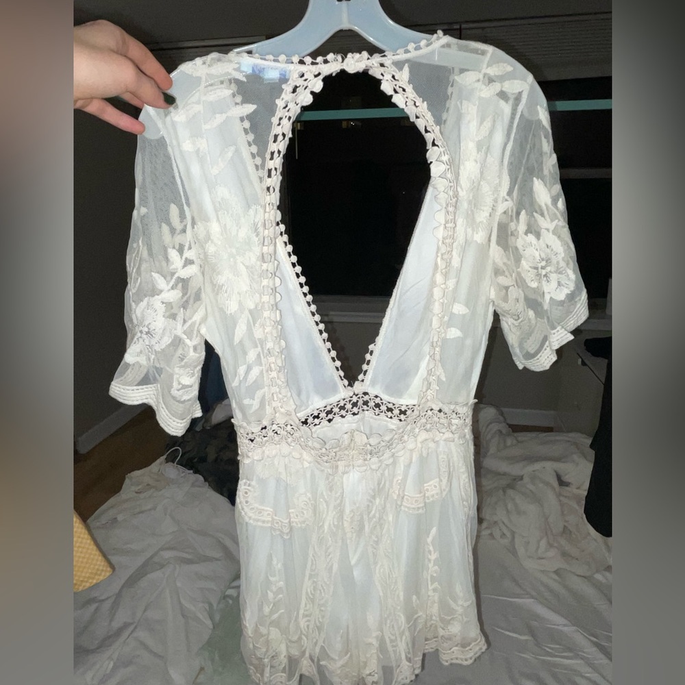 White lace deep v cut Lacey romper